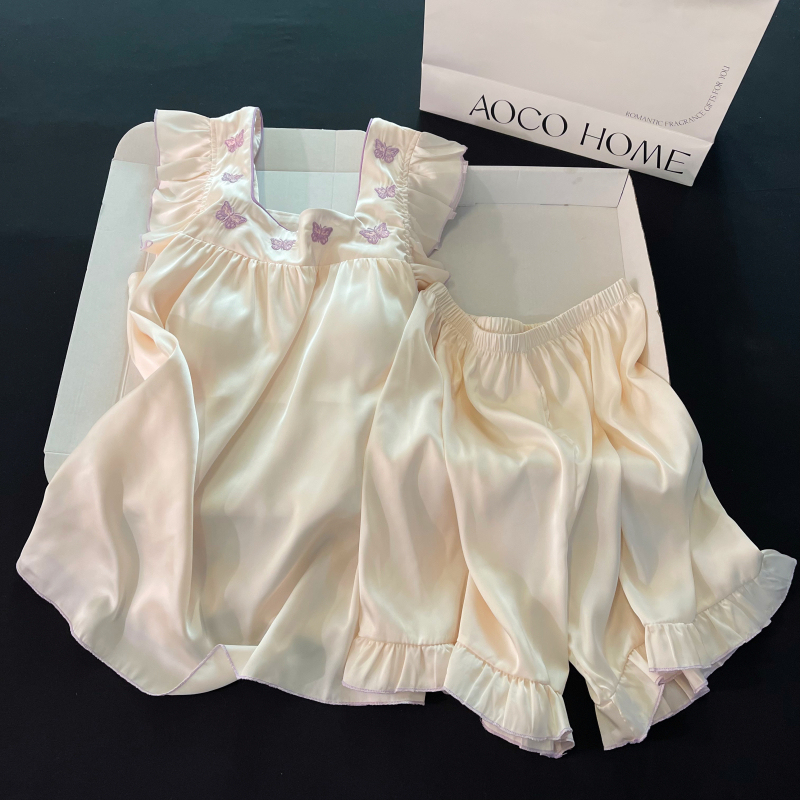 Ice Silk Pajamas for Women, Summer 2025 New Style, with Chest Pads, Can Be Worn Outside, Apricot Color Butterfly Loungewear, Small Flutter Sleeve Set