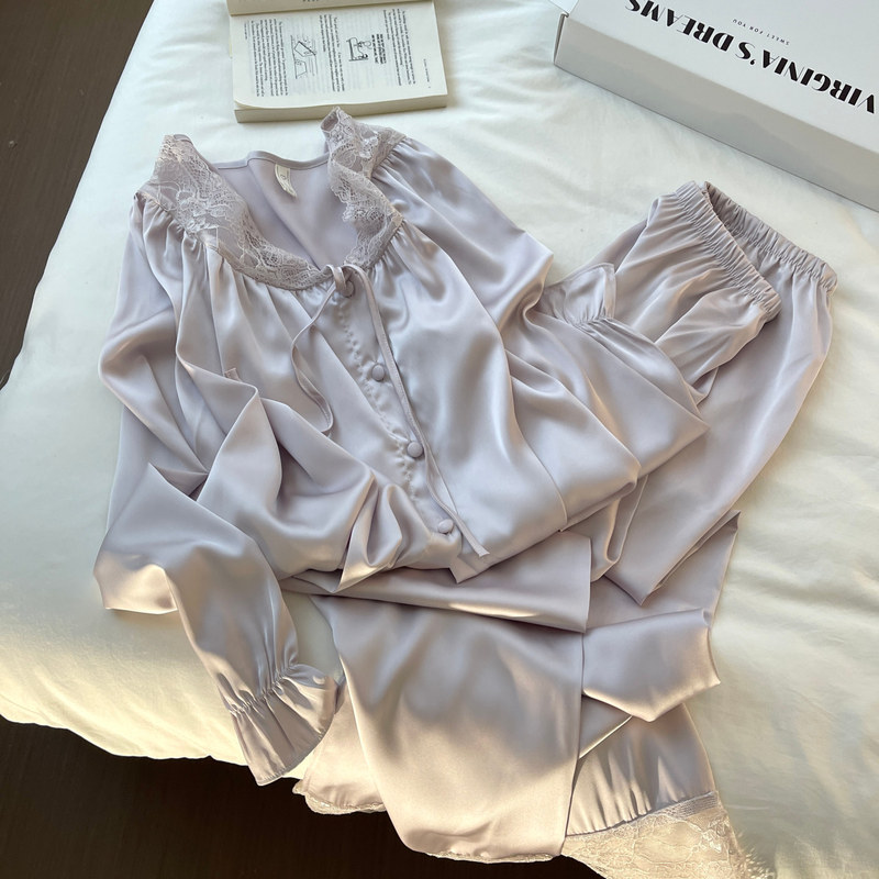 Women's Pajamas for Spring and Autumn, Ice Silk Long-Sleeve Plus-Size Cool-Feel 26 New Style Purple Set, Suitable for Wearing Outside as Summer Loungewear