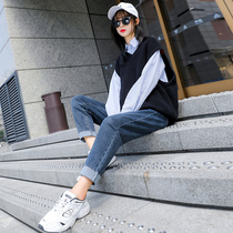 Pregnant woman pants spring and autumn outside wearing fashion net red pregnant woman Toabdominal jeans elastic body display slim Han version Harun pants