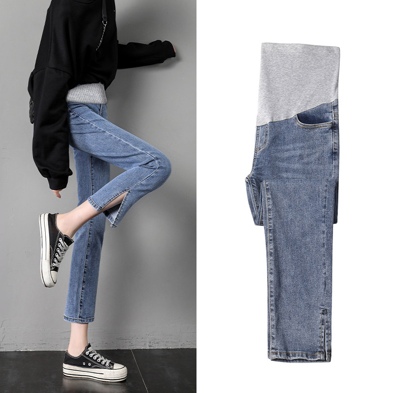 Pregnant women jeans in spring and autumn wear new high-waist belly resistant jeans fork casual straight trumpet pants