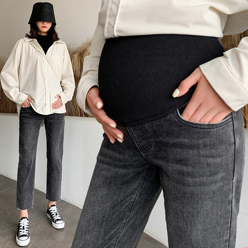 High-end pregnant women's pants fashion net red 2021 early autumn belly support pregnant women's jeans stretch slim straight autumn style