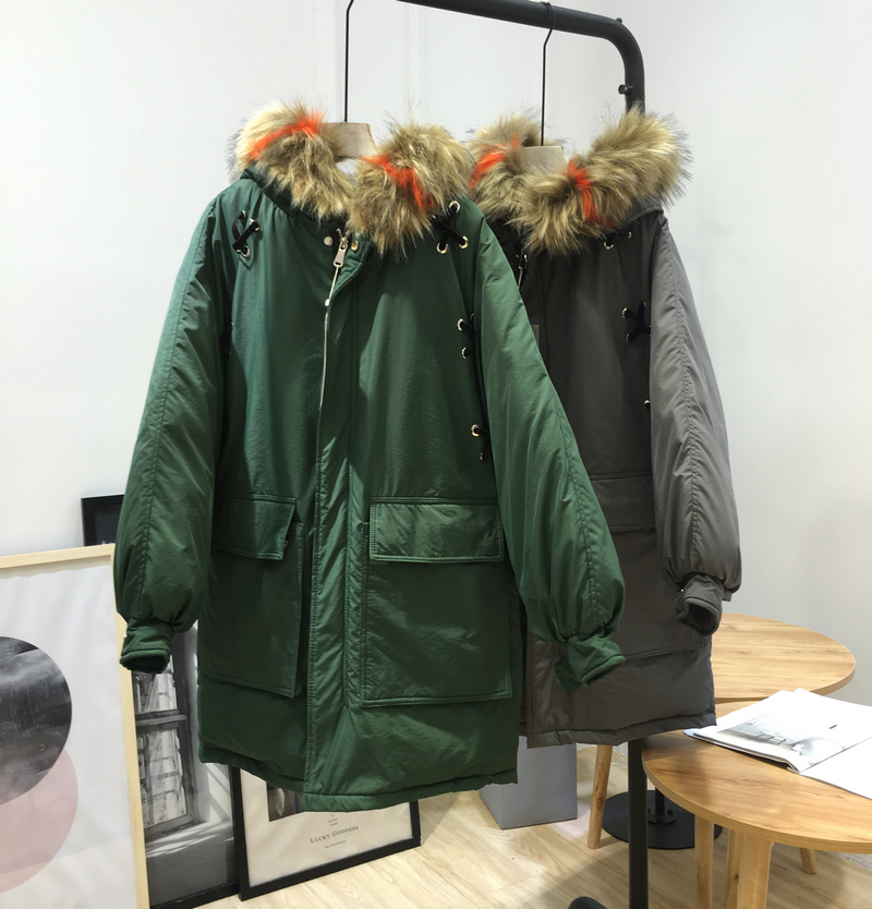W 12 mùa đông áo lông lớn cổ áo nữ rộng dày ấm bf cotton áo dài sinh viên Hàn Quốc phiên bản dụng cụ quần áo cotton - Bông ao phao nữ