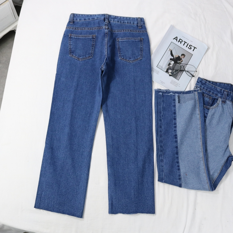 Khâu quần jean nữ chín điểm B 13 MM béo cỡ lớn rộng eo cao Hồng Kông hương vị quần denim ống rộng ống thẳng tám quần quần jeans nữ