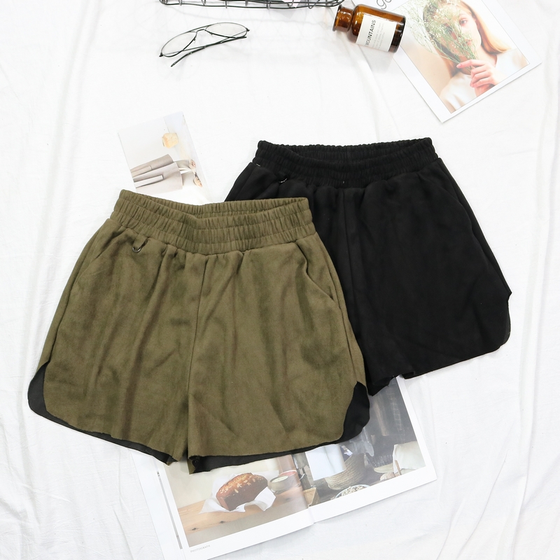 Slim F 5 mùa xuân và mùa hè bên eo chun thun rộng hoang dã giản dị da lộn quần short nữ rộng chân quần quần short nữ thời trang