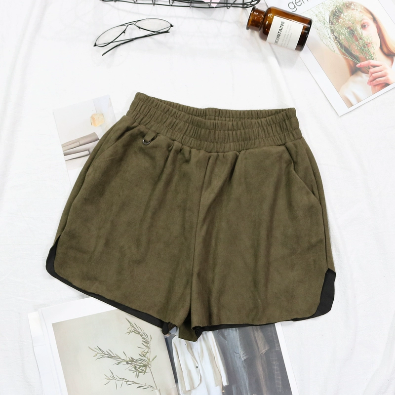 Slim F 5 mùa xuân và mùa hè bên eo chun thun rộng hoang dã giản dị da lộn quần short nữ rộng chân quần