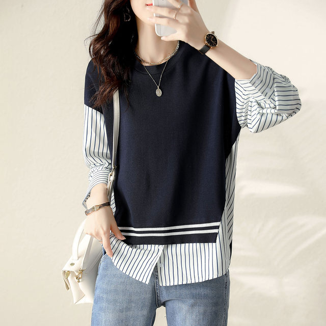 Striped fake two-piece shirt women's spring and autumn new all-match knitted stitching casual slim temperament simple round neck top