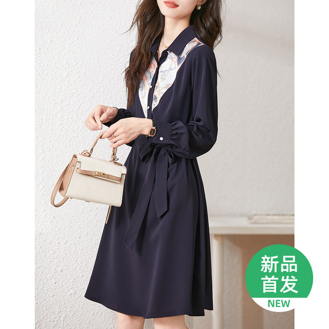 Long-sleeved dress women's spring and autumn new retro silk scarf splicing lapel temperament slim waist mid-length shirt skirt