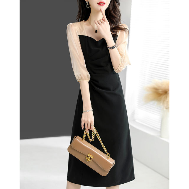 Short-sleeved dress women's summer new large size thin fashion simple organza temperament all-match elegant A-line skirt