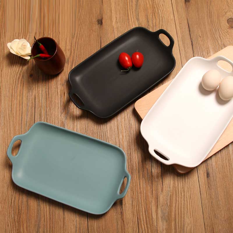 Ceramic Plate Dish Day Type Matt Glazed Grill Pan Double Ear Dish Fish Pan Water Fruit Tray Home Ceramic Cutlery