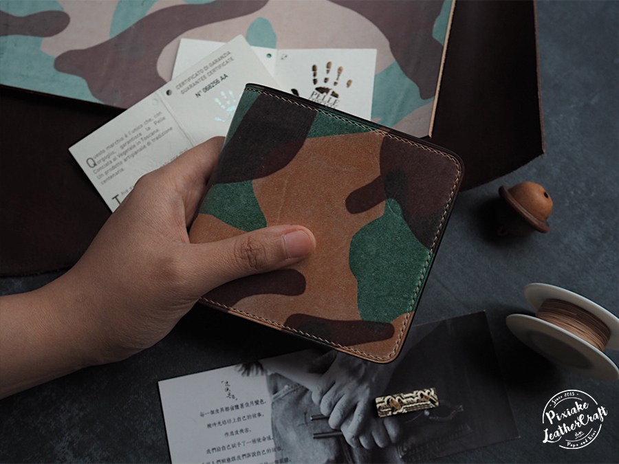 Leather Knight PXK-handmade cowhide multi card short clip wallet Italian yellow and brown camouflage vegetable tanned cowhide