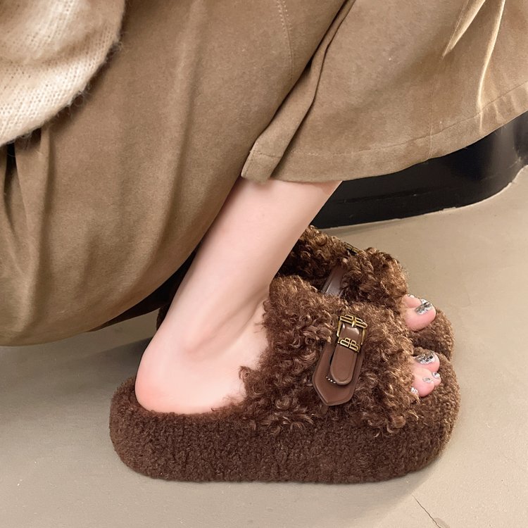 Furry Slippers for Women, 2026 New Autumn and Winter Warm Thick-Soled Height-Increasing Cute Lamb Wool Fluffy Slip-Ons
