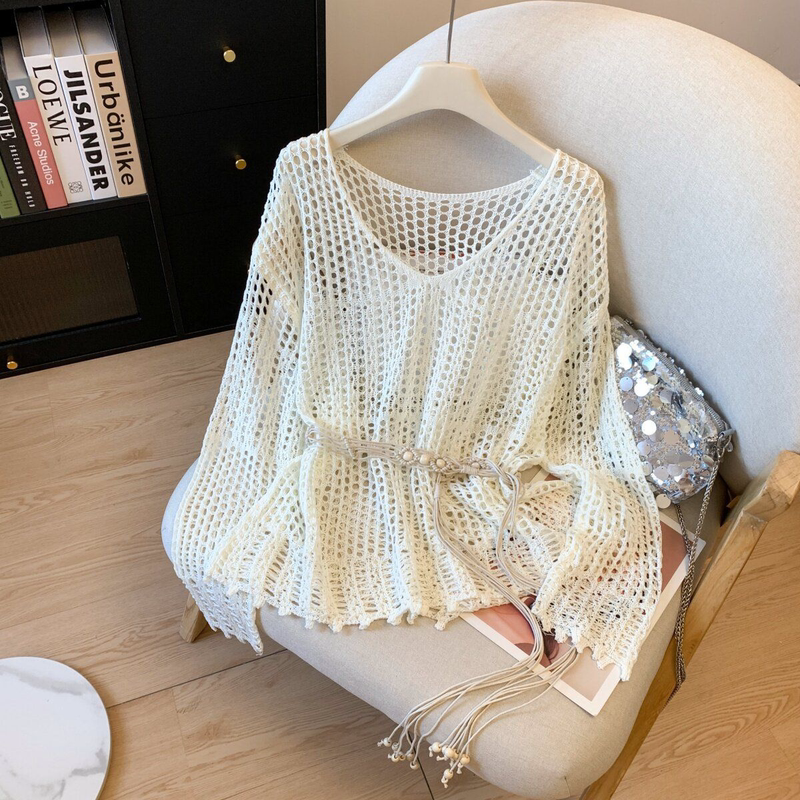 Bohemian Style Hollow-Out Knit Sun Protection Cover-Up for Women, Summer 2025 New Loose and Lazy Long-Sleeve T-Shirt Top