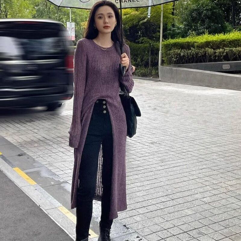 Casual and Elegant Style, Slit Hollow-Out Knit Sweater, Spring and Autumn Design, Niche Loose Fit, Slimming Sweater Top, Mid-Length Casual and Elegant Style, Slit Hollow-Out Knit Sweater, Spring and Autumn Design, Niche Loose Fit, Slimming Sweater Top, Mid-Length