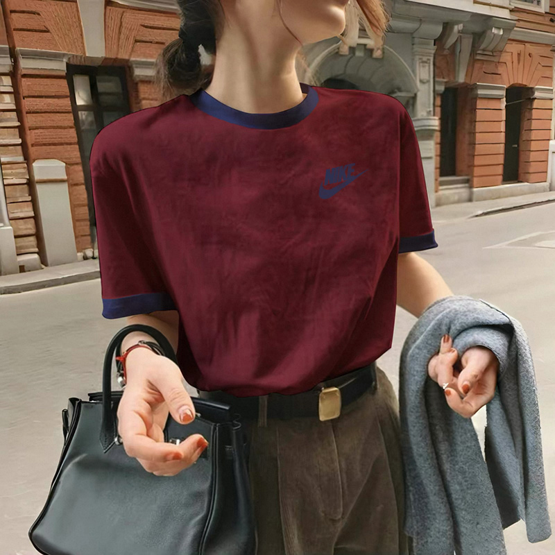Nike Short-Sleeve T-Shirt for Women, Korean Style, Artistic Design, Color-Blocked Neckline, Regular Shoulder, Slimming, Vintage Top, Pure Cotton Tee, Trendy