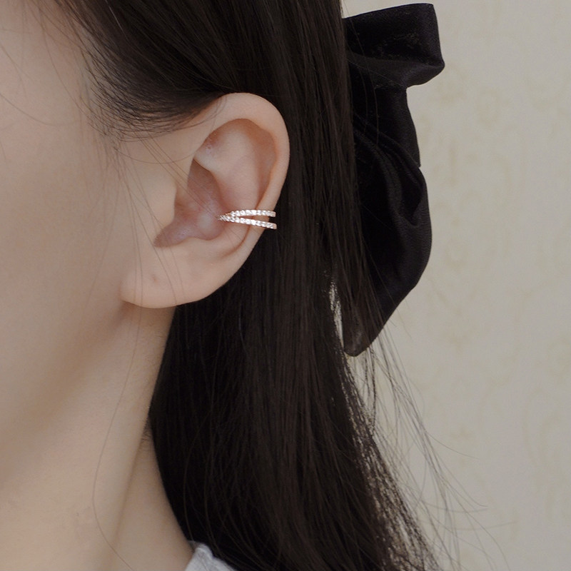 Pure silver double water drill earbone clamp niche high-level sense of simple and compact and refined French temperament ear clamp without ear hole