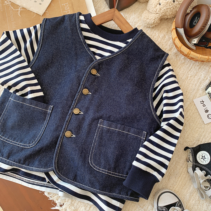 子供用ベスト 男の子 デニムベスト 春夏服 2025年新型 MサイズとLサイズ 子供用 男の子 ハンサム 作業着 ウエストコート ジャケット