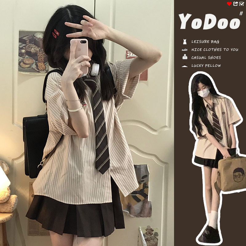 Jk Uniform Set Spring and Summer Striped Short-Sleeved Shirt for Women with a Unique Design, Casual Japanese College Style Shirt and Short Skirt Jk Uniform Set Spring and Summer Striped Short-Sleeved Shirt for Women with a Unique Design, Casual Japanese College Style Shirt and Short Skirt