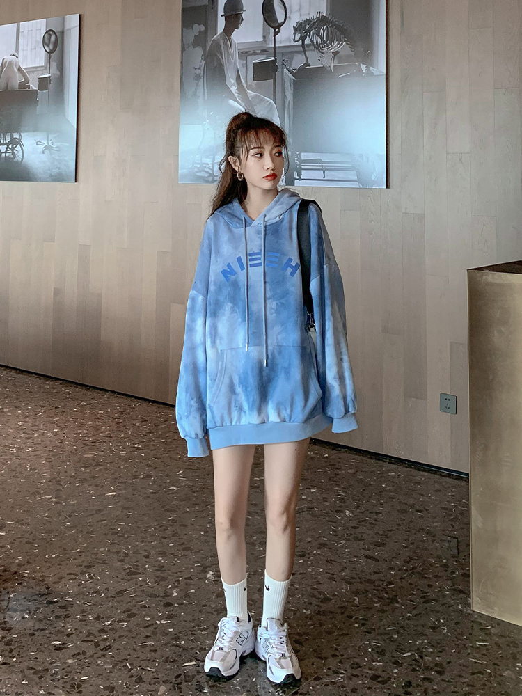 2022 spring and autumn new tie-dye hooded fried street sweater women's loose and thin Korean letter printing long-sleeved top trendy