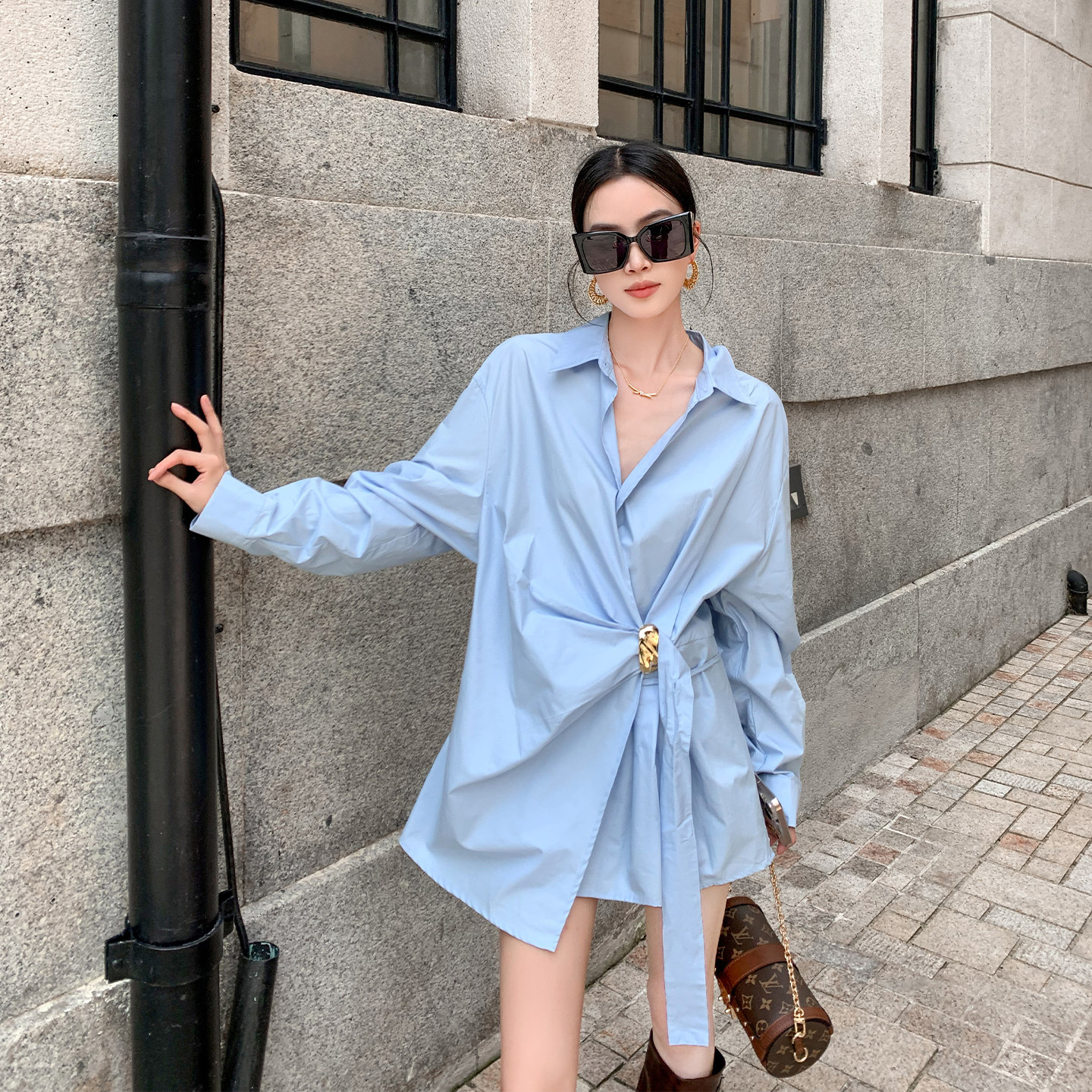 Bingo Asymmetrical Design Blue Loose Casual Shirt for Women, Spring/Autumn 2026, Petite Top