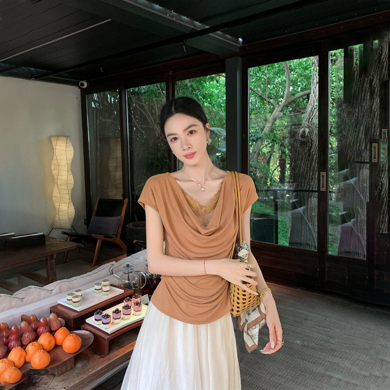Binguo Lace Patchwork Fake Two-Piece Short-Sleeve T-Shirt for Women 2026 Summer New Style Gentle Temperament Slimming Top