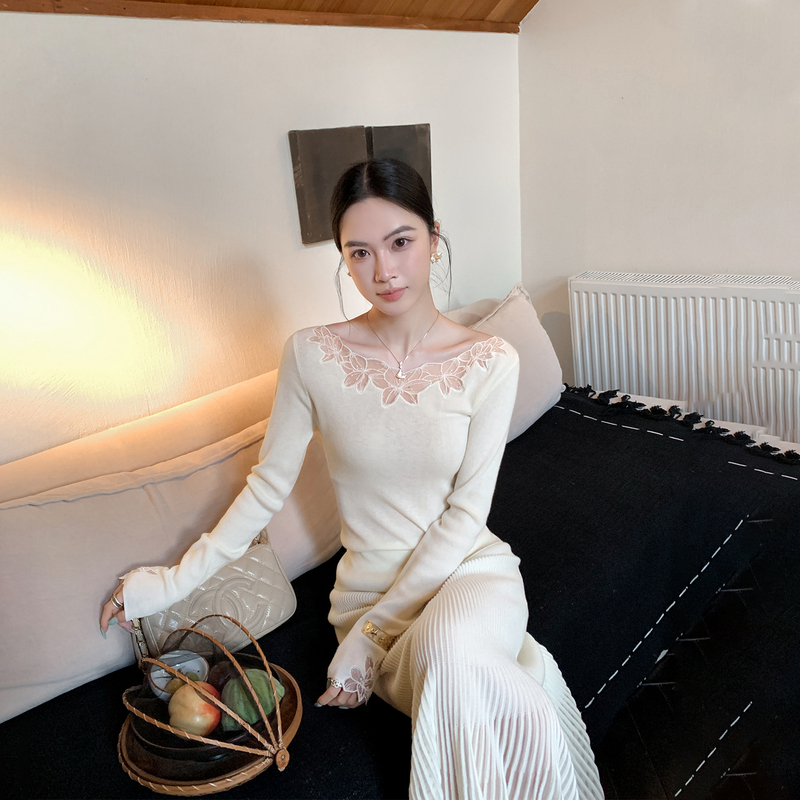 Binguo Wool Blend French Lace Trim Knit Sweater for Women, New Autumn Slim Fit Base Shirt Binguo Wool Blend French Lace Trim Knit Sweater for Women, New Autumn Slim Fit Base Shirt