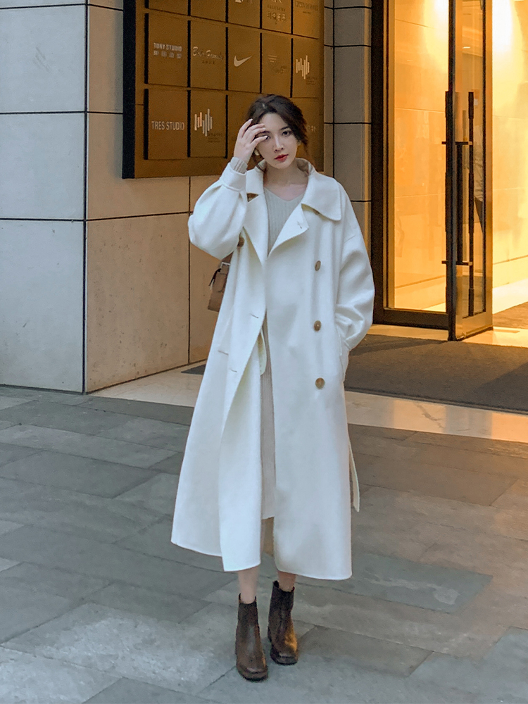 2022 autumn and winter new white double-sided woolen coat mid-length version Hepburn style high-end temperament cashmere coat women