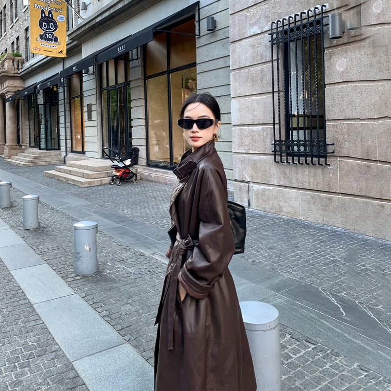Binguo down Lining Melard Lace-Up Long Pu Leather Trench Coat for Women, New Winter Style with a High-End Feel