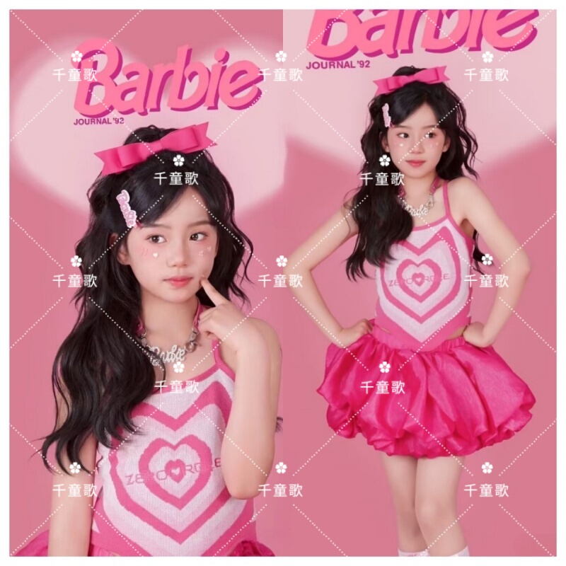 Girls Model Card Dopamine Catwalk Performance Trendy Children Model Pink Good Cat Step Competition Clothing Pink Barbie Photo