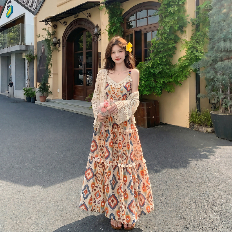 Bohemian Style Ethnic Print Suspender Dress for Women, New Summer Holiday Style Hollow Cardigan Long Skirt Suit Bohemian Style Ethnic Print Suspender Dress for Women, New Summer Holiday Style Hollow Cardigan Long Skirt Suit
