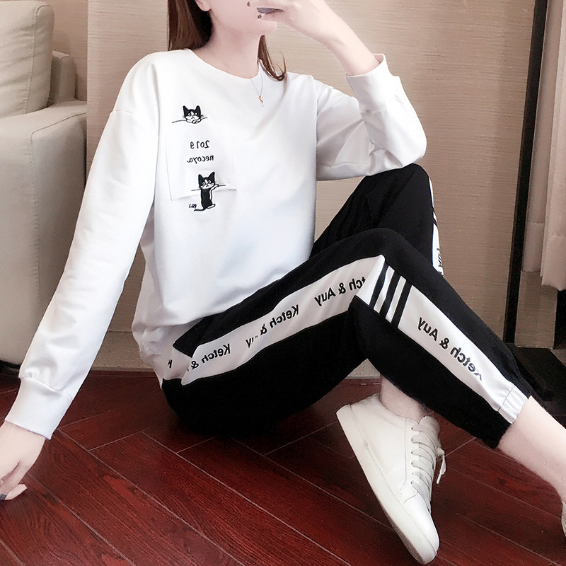 Hong Kong Tide Card 2020 Spring Autumn New Korean Version Fashion Casual Sports Suit Women 100 Hitch Cartoon Sweatshirt Two Sets