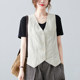 Linen Vest 2023 ໃຫມ່ຂອງແມ່ຍິງ Summer ບາງ Vest ເທິງສຸດ Slim V-Neck Sleeveless Waistcoat Short Jacket