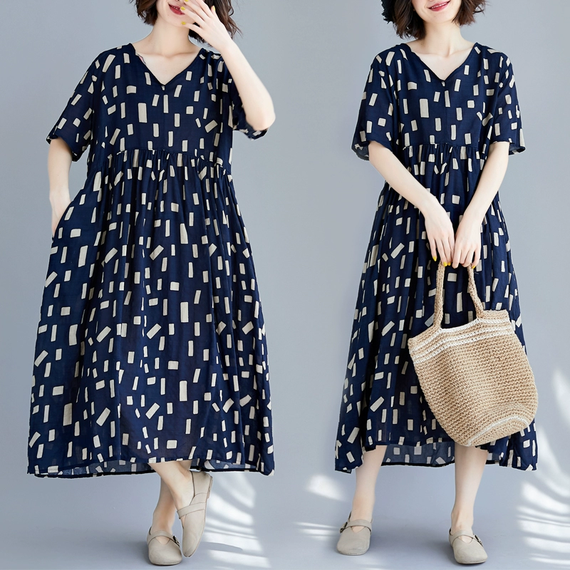 Plus size phụ nữ mùa hè 2019 phong cách văn học mới eo cotton và vải lanh váy béo mm eo cao eo mỏng và váy dài xoay lớn - Váy eo cao