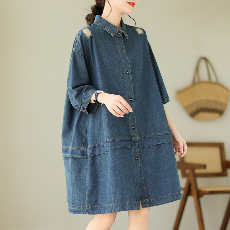 Plus-Size Hong Kong Style Retro Mid-Length Denim Shirt Jacket for Women, Summer Loose Korean Style Bf Ripped Three-Quarter Sleeve Top