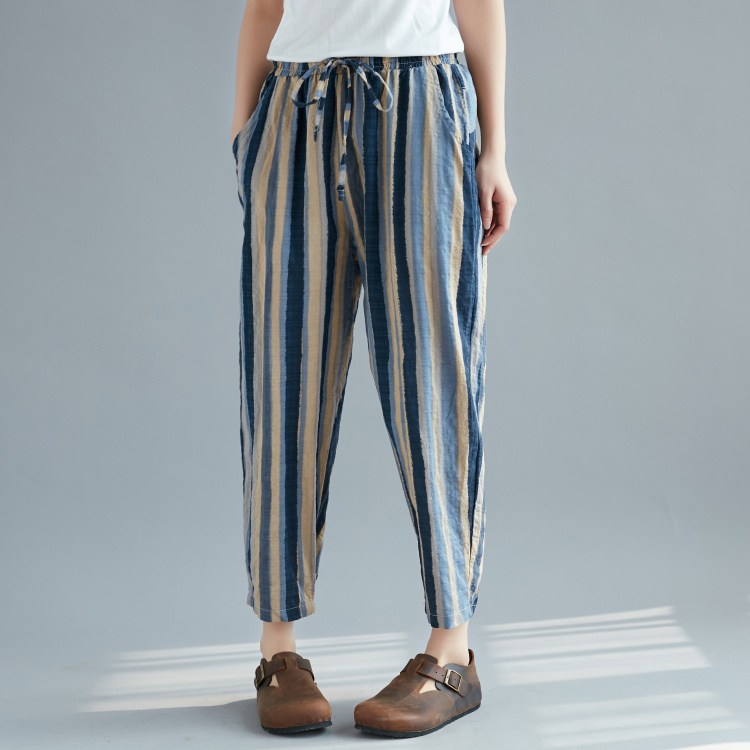 2018 mùa hè phong cách mới văn học sọc dọc cotton và linen quần lỏng kích thước lớn là mỏng đàn hồi eo chín điểm harem quần nữ quần túi hộp nữ