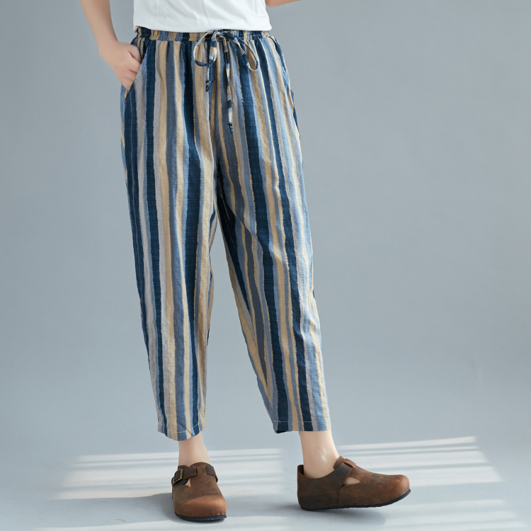 2018 mùa hè phong cách mới văn học sọc dọc cotton và linen quần lỏng kích thước lớn là mỏng đàn hồi eo chín điểm harem quần nữ quần túi hộp nữ