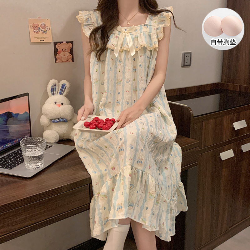 2026 Sweet Style Little Flying Sleeves Nightgown with Chest Pads for Women, Summer Thin Princess Style Ruffled Homewear, Can Be Worn Outside 2026 Sweet Style Little Flying Sleeves Nightgown with Chest Pads for Women, Summer Thin Princess Style Ruffled Homewear, Can Be Worn Outside