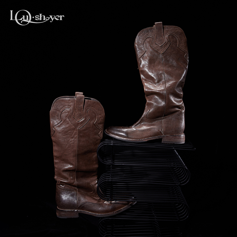 Lou Shoyer Women's Long Boots, Round Toe, Washed Horse Leather, Distressed Western Cowboy Boots, Low Heel, High Tube Knee-High Riding Boots