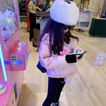Girl Pink Leather Hair Integrated Coat 2021 Autumn Winter Dress New Korean Version Foreign Air Child Leather Garment Thickened Warm Wave