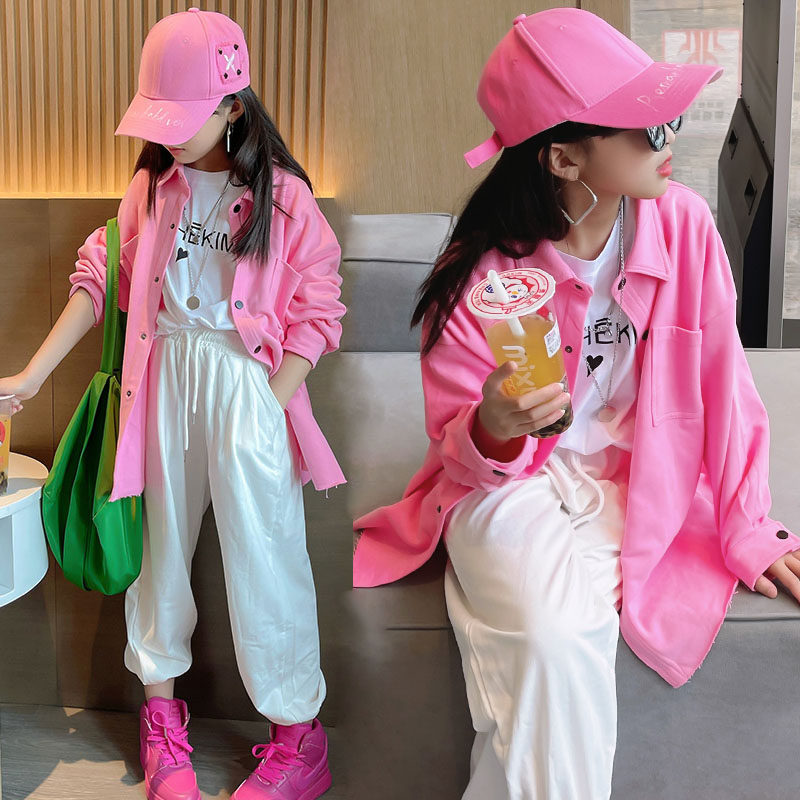 Girl Fashion Pink Jacket Foreign Pie 2021 Autumn Winter Flip Collar Long Sleeve Pocket Grab Suede Blouse Han Edition Children's Shirt