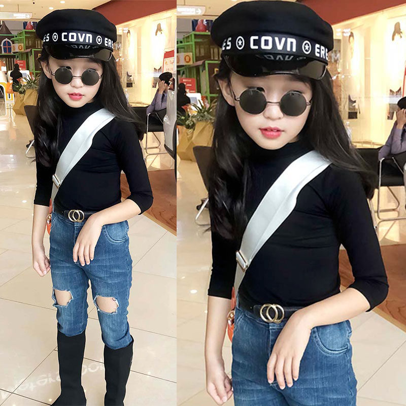 2020 Spring Summer New Foreign Pie Girl Black Manicure Undershirt 50% Sleeve T-shirt Jacket High Collar Long Sleeve Walk Show 8