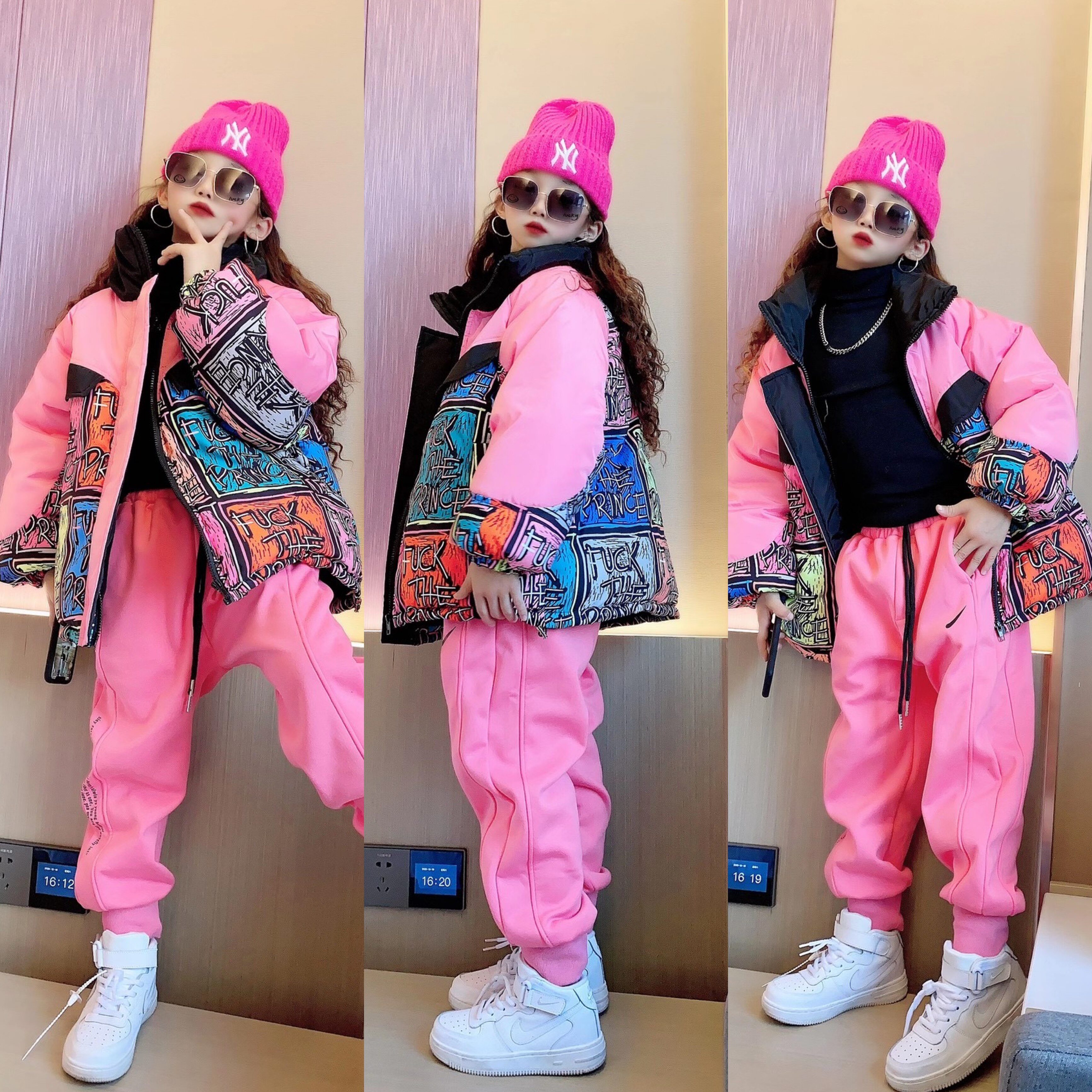 Girls' cotton clothes 2021 new fashion cartoon graffiti down cotton clothes foreign style children's winter clothes girls net red tide