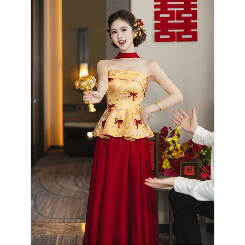 New Chinese-Style Strapless Toast Dress for the Bride, Light Luxury Niche Engagement Dress, Wedding Casual Wear, Morning Gown, Stunning for the Homecoming Banquet