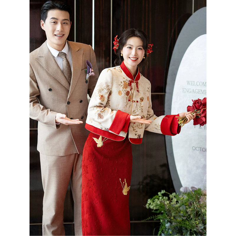 New Chinese-Style Wedding Attire for the Bride on the Day of the Wedding, Casual Wear for Petite Women, Autumn and Winter Engagement Dress, Suitable for Homecoming Banquet and Everyday Wear