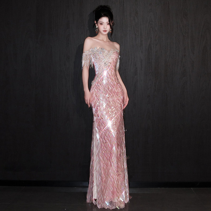One-Shoulder Evening Dress, Light Luxury, Niche, Host, Student, Coming-Of-Age Ceremony, Pink, Elegant, Engagement Dress, Morning Gown, Bride One-Shoulder Evening Dress, Light Luxury, Niche, Host, Student, Coming-Of-Age Ceremony, Pink, Elegant, Engagement Dress, Morning Gown, Bride