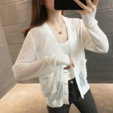 Вязаный кардиган из ледяного шелка, женский модный топ, лето 2025, новый стиль с юбкой, блузкой с вырезом, одежда с кондиционером для женского офиса