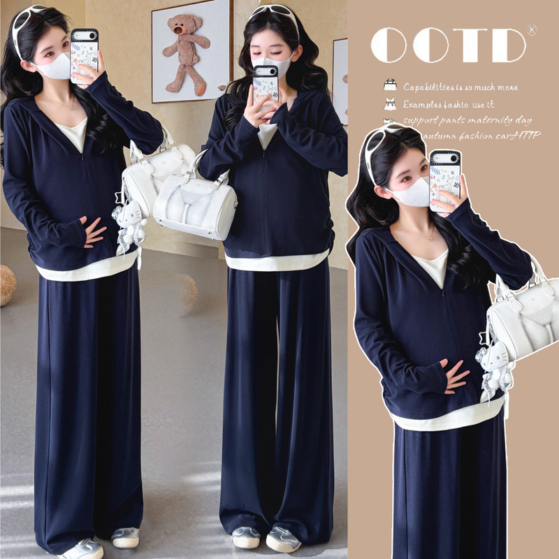 Maternity Autumn and Winter Set 2026 New Style Fake Two-Piece Hooded Top Korean Style Trendy Age-Reducing Pants Two-Piece Set Maternity Autumn and Winter Set 2026 New Style Fake Two-Piece Hooded Top Korean Style Trendy Age-Reducing Pants Two-Piece Set