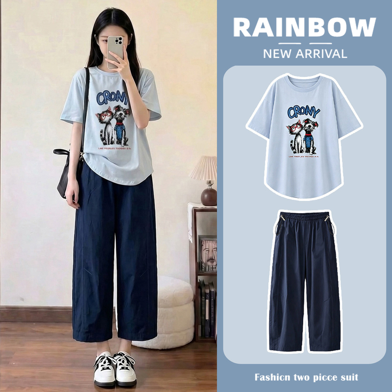 Maternity Suit Short-Sleeved T-Shirt Summer Breathable Pregnancy Lazy Pants Prenatal Check-Up Outfit Petite Korean Style Two-Piece Set