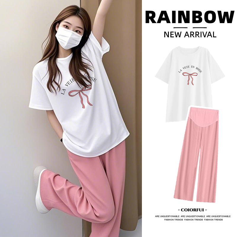Maternity Wide-Leg Pants Set, Summer Fashionable and Stylish, Loose Plus-Size Top and Pants Two-Piece Set, 2025 New Summer Wear