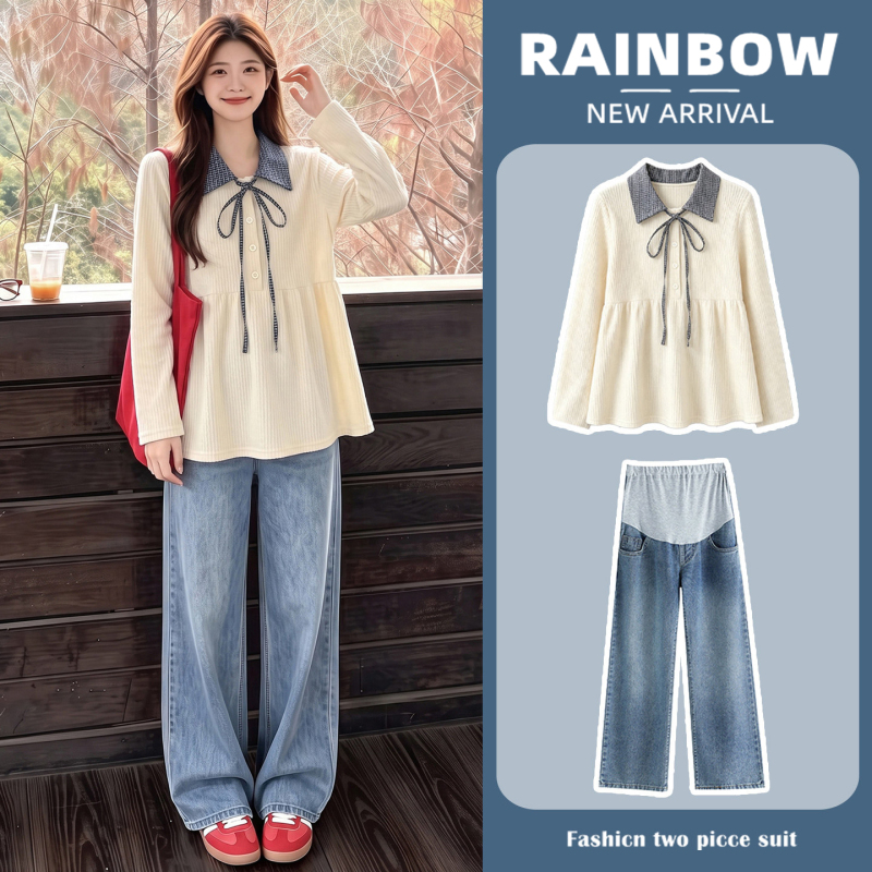 Maternity Suit 2026 Spring and Autumn New Style Elegant Lazy Style Babydoll Top Casual Jeans Two-Piece Set