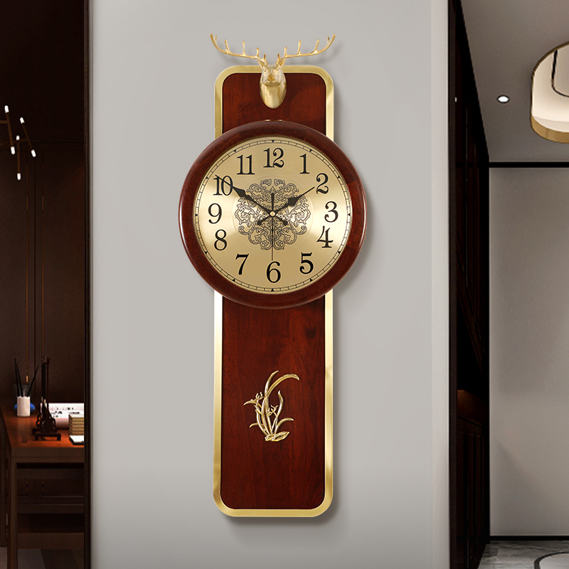 New Chinese living room wall clock with silent watch Chinese style luxury brass atmosphere hanging wall deer clock